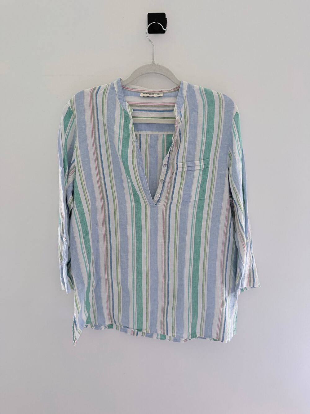 Cottonworld Lightweight Pastel Multi-Striped 3/4 Sleeve Button Up Top-Size XL